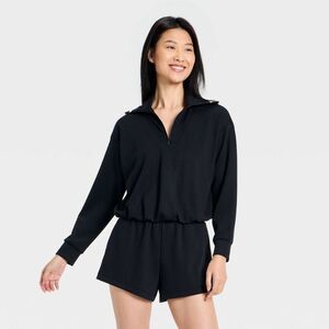 All In Motion - Women's Airy Sleek Pique 1/2 Zip Bubble Hem Pullov Black